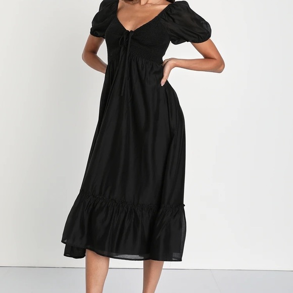 Lulus Dresses & Skirts - Lulu’s Inspiring Feelings Black Smocked Puff Sleeve Midi Dress Size XS